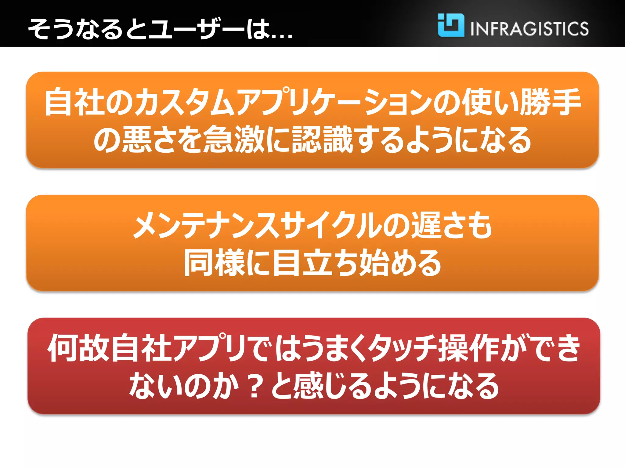 そうなるとユーザーは…
自社のカスタムアプリケーションの使い勝手
の悪さを急激に認識するようになる
メンテナンスサイクルの遅さも
同様に目立ち始める
何故自社アプリではうまくタッチ操作ができ
ないのか？と感じるようになる
 