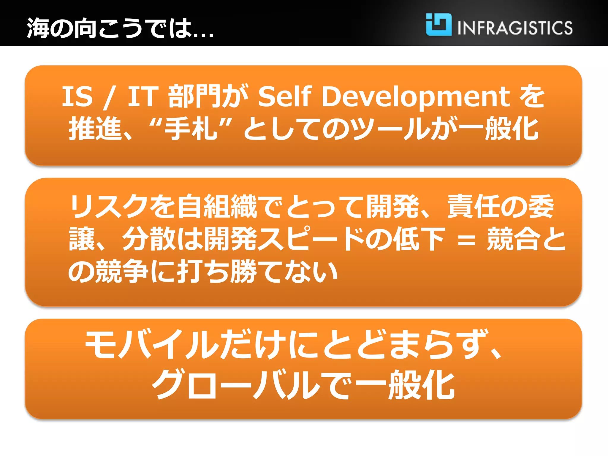 海の向こうでは…
IS / IT 部門が Self Development を
推進、“手札” としてのツールが一般化
リスクを自組織でとって開発、責任の委
譲、分散は開発スピードの低下 = 競合と
の競争に打ち勝てない
モバイルだけにとどまらず、
グローバルで一般化
 