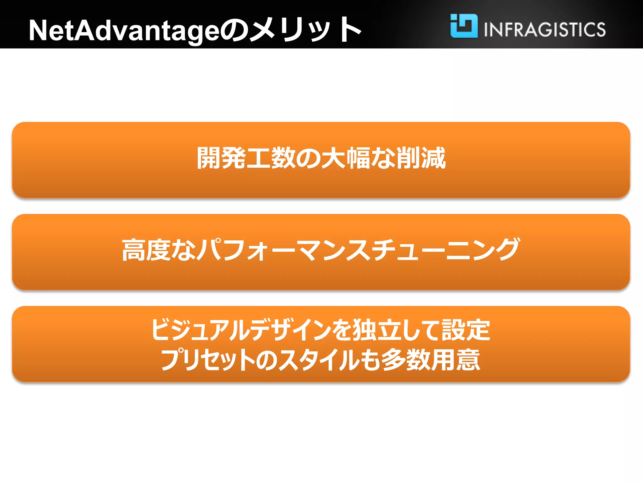 NetAdvantageのメリット
開発工数の大幅な削減
高度なパフォーマンスチューニング
ビジュアルデザインを独立して設定
プリセットのスタイルも多数用意
 