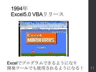 1994年
Excel5.0 VBAリリース
Excelでプログラムできるようになり
開発ツールでも使用されるようになる！ 11
 