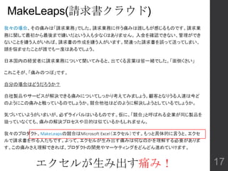 エクセルが生み出す痛み！
MakeLeaps(請求書クラウド)
17
 