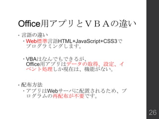 Office用アプリとＶＢＡの違い
• 言語の違い
 Web標準言語HTML+JavaScript+CSS3で
プログラミングします。
 VBAはなんでもできるが、
Office用アプリはデータの取得、設定、イ
ベント処理しか現在は、機能がない。
• 配布方法
 アプリはWebサーバに配置されるため、プ
ログラムの再配布が不要です。
26
 
