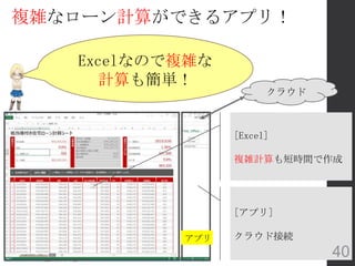 複雑なローン計算ができるアプリ！
[Excel]
複雑計算も短時間で作成
クラウド
[アプリ]
クラウド接続アプリ
Excelなので複雑な
計算も簡単！
40
 