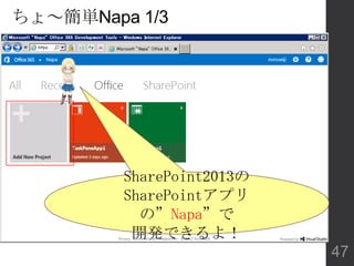 ちょ～簡単Napa 1/3
SharePoint2013の
SharePointアプリ
の”Napa”で
開発できるよ！
47
 