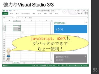 強力なVisual Studio 3/3
JavaScript, ASPXも
デバックができて
ちょー便利！
53
 