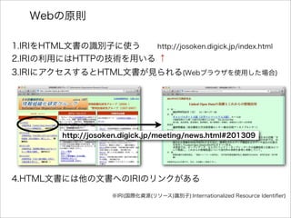 Webの原則
1.IRIをHTML文書の識別子に使う  http://josoken.digick.jp/index.html
2.IRIの利用にはHTTPの技術を用いる ↑
3.IRIにアクセスするとHTML文書が見られる(Webブラウザを使...