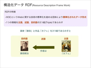 構造化データ RDF(Resource Description Frame Work)
RDFの特徴
•W3CというWebに関する技術の標準化を進める団体により標準化されたデータ形式
•1つの情報を主語，述語，目的語の3つ組(Triple)であ...