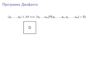 Программа Диофанта
a1, . . . , an ∈ M ⇐⇒ ∃x1 . . . xm{P(a1, . . . , an, x1, . . . , xm) = 0}
D
 
