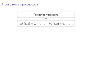Программа профессора
Генератор уравнений
?
M1(a, ¯x) = 0, . . . , Mk(a, ¯x) = 0, . . .
 