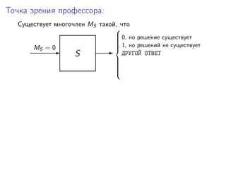 Точка зрения профессора:
Существует многочлен MS такой, что
S-
MS = 0
-
0, но решение существует
1, но решений не существует
ДРУГОЙ ОТВЕТ



 
