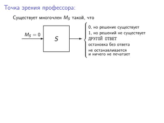Точка зрения профессора:
Существует многочлен MS такой, что
S-
MS = 0
-
0, но решение существует
1, но решений не существует
ДРУГОЙ ОТВЕТ
остановка без ответа
не останавливается
и ничего не печатает



 