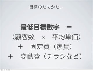 目標のたてかた。
最低目標数字 ＝
（顧客数   平均単価）
＋ 固定費（家賃）
＋ 変動費（チラシなど）
13年9月25日水曜日
 