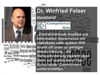 Dr. Winfried Felser
Vorstand

„Zentralisierende Ansätze wie
Information Governance mit
indirektem oder spätem ROI
leiden oft unter zu geringer
Wertschätzung , die
Herausforderung besteht dann
darin auf ausreichend TopEntscheider-Commitment
sicherzustellen.“
BigData Analytics

Moderation Dr. Joachim Hartmann

Panel-Diskussion DMS EXPO 2013

6

 