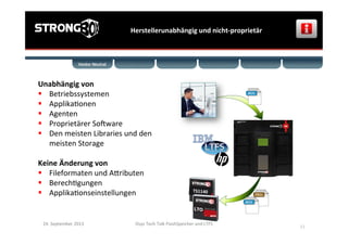 Unabhängig	
  von	
  
§  Betriebssystemen	
  
§  Applika>onen	
  
§  Agenten	
  
§  Proprietärer	
  SoKware	
  	
  
§  Den	
  meisten	
  Libraries	
  und	
  den	
  
	
  	
  	
  	
  	
  	
  meisten	
  Storage	
  
Keine	
  Änderung	
  von	
  
§  Fileformaten	
  und	
  Aiributen	
  
§  Berech>gungen	
  
§  Applika>onseinstellungen	
   TS1140	
  
Herstellerunabhängig	
  und	
  nicht-­‐proprietär	
  
Osys	
  Tech	
  Talk	
  FlashSpeicher	
  und	
  LTFS	
  
	
  
11	
  
24.	
  September	
  2013	
  
 