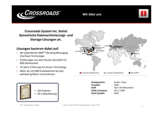 Wir	
  über	
  uns	
  
24.	
  September	
  2013	
   Osys	
  Tech	
  Talk	
  FlashSpeicher	
  und	
  LTFS	
  
	
  
	
  2	
  
Lösungen	
  basieren	
  dabei	
  auf:	
  
•  der	
  paten>erten	
  RMITM	
  (Rou>ng	
  Messaging	
  
Interface)	
  Technologie	
  
•  Erfahrungen	
  aus	
  dem	
  Router-­‐GeschäK	
  mit	
  
89%	
  Marktanteil	
  
•  16	
  Jahre	
  Erfahrung	
  mit	
  Access	
  Technology	
  
•  Mehr	
  als	
  125.000	
  Installa>onen	
  bei	
  den	
  
weltweit	
  größten	
  Unternehmen	
  
Headquarters: 	
  Aus>n,	
  Texas	
  
Founded: 	
  1996	
  
Staﬀ: 	
  über	
  100	
  Mitarbeiter	
  
Public	
  Company: 	
  IPO	
  in	
  1999	
  
Stock	
  Symbol: 	
  CRDS	
  
StuEgart	
  	
  
AusGn	
  
Los	
  Angeles	
  
London	
  
Boston	
  
Washington	
  
Singapore	
  
Toronto	
  
Dallas	
  
Corporate	
  Headquarters	
   European	
  Headquarters	
   Sales	
  Oﬃce	
  
Indianapolis	
  
Crossroads	
  System	
  Inc.	
  bietet	
  	
  
dynamische	
  Datenarchivierungs-­‐	
  und	
  	
  
Storage-­‐Lösungen	
  an.	
  
	
  
Atlanta	
  
Denver	
  
New	
  York	
  
•  103	
  Patente	
  
•  34	
  in	
  Bearbeitung	
  
 