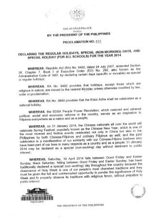 Proclamation on the 2014 Regular Holidays, Special (Non-Working) Holidays, and Special Days for Schools in the Philippines