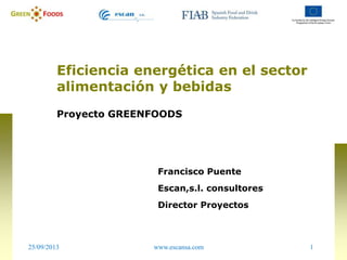 25/09/2013 1www.escansa.com
Eficiencia energética en el sector
alimentación y bebidas
Proyecto GREENFOODS
Francisco Puente
Escan,s.l. consultores
Director Proyectos
 