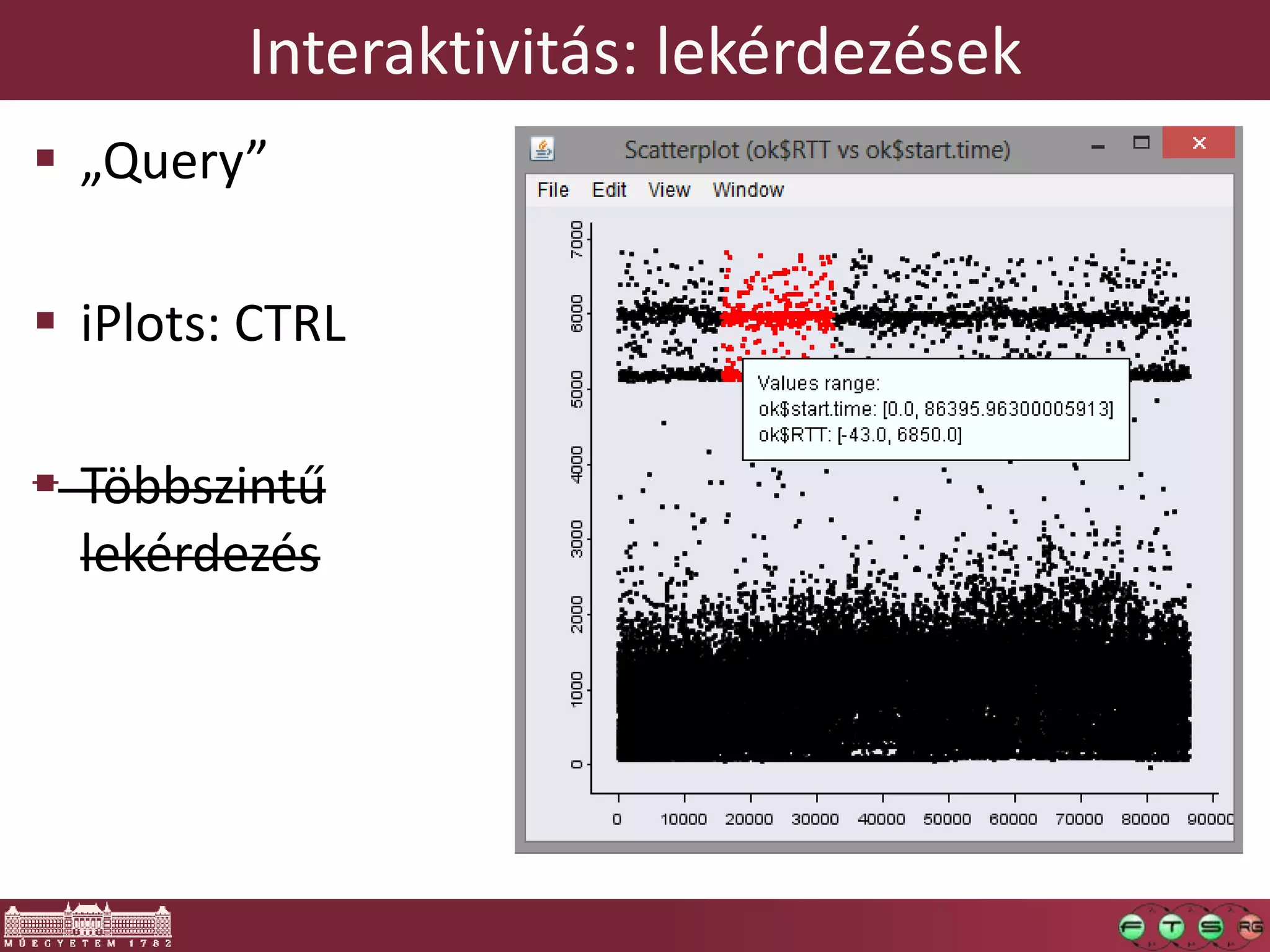 Interaktivitás: lekérdezések
 „Query”
 iPlots: CTRL
 Többszintű
lekérdezés
 
