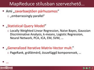 MapReduce stílusban szervezhető…
 Ami „zavarbaejtően párhuzamos”
o „embarrassingly parallel”

 „Statistical Query Model”...