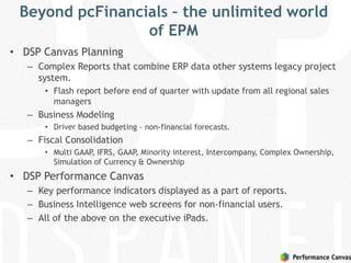 Beyond pcFinancials – the unlimited world
of EPM
• DSP Canvas Planning
– Complex Reports that combine ERP data other systems legacy project
system.
• Flash report before end of quarter with update from all regional sales
managers
– Business Modeling
• Driver based budgeting – non-financial forecasts.
– Fiscal Consolidation
• Multi GAAP, IFRS, GAAP, Minority interest, Intercompany, Complex Ownership,
Simulation of Currency & Ownership
• DSP Performance Canvas
– Key performance indicators displayed as a part of reports.
– Business Intelligence web screens for non-financial users.
– All of the above on the executive iPads.
 