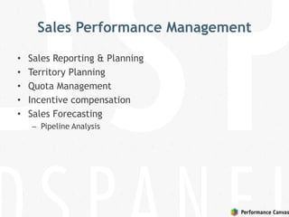 Sales Performance Management
• Sales Reporting & Planning
• Territory Planning
• Quota Management
• Incentive compensation
• Sales Forecasting
– Pipeline Analysis
 