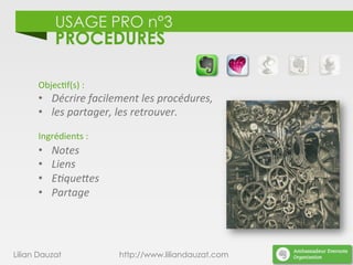 USAGE PRO n°3
PROCEDURES
Lilian Dauzat http://www.liliandauzat.com
Objec)f(s)	
  :	
  
•  Décrire	
  facilement	
  les	
  procédures,	
  
•  les	
  partager,	
  les	
  retrouver.	
  
	
  
Ingrédients	
  :	
  
•  Notes	
  
•  Liens	
  
•  E%que;es	
  
•  Partage	
  
 