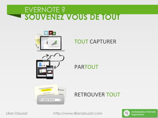 EVERNOTE ?
TOUT	
  CAPTURER	
  
PARTOUT	
  
RETROUVER	
  TOUT	
  
SOUVENEZ VOUS DE TOUT
Lilian Dauzat http://www.liliandauzat.com
 
