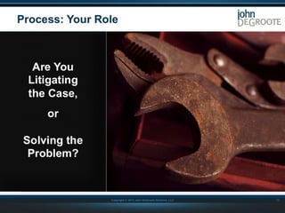 Process: Your Role

Are You
Litigating
the Case,
or
Solving the
Problem?

Copyright © 2013 John DeGroote Services, LLC

13

 