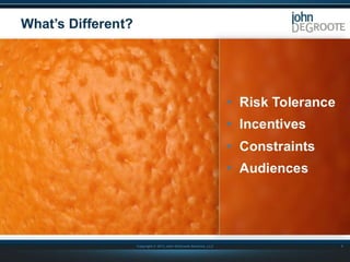 What’s Different?

• Risk Tolerance
• Incentives

• Constraints
• Audiences

Copyright © 2013 John DeGroote Services, LLC
...