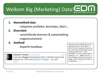 Welkom Big (Marketing) Data!
1. Hoeveelheid data
- miljoenen profielen, berichtjes, foto’s...
2. Diversiteit
- verschillende bronnen & samenstelling
- ongestructureerd
3. Snelheid
- beperkt houdbaar
5
"My smmr hols wr CWOT. B4, we usd
2go2 NY 2C my bro, his GF & thr 3 :-
kds FTF. ILNY, it's a gr8 plc. Bt my Ps wr
so {:-/ BC o 9/11 tht they dcdd 2 stay in
SCO & spnd 2wks up N.  Up N,
WUCIWUG -- 0. I ws vvv brd in MON. 0
bt baas & ^^^^^.  AAR8, my Ps wr :-) --
they sd ICBW, & tht they wr ha-p 4 the
pc&qt...IDTS!! I wntd 2 go hm ASAP, 2C
my M8s again.  ........”
27-9-2013 SMART DATA SEMINAR voor Automotive
 