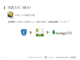実装方式（続き）
#singtacks supported by9
日次バッチ処理で実装
4) EMR上で生成した結果セット（2次元配列）をMongoDBへインポート
 