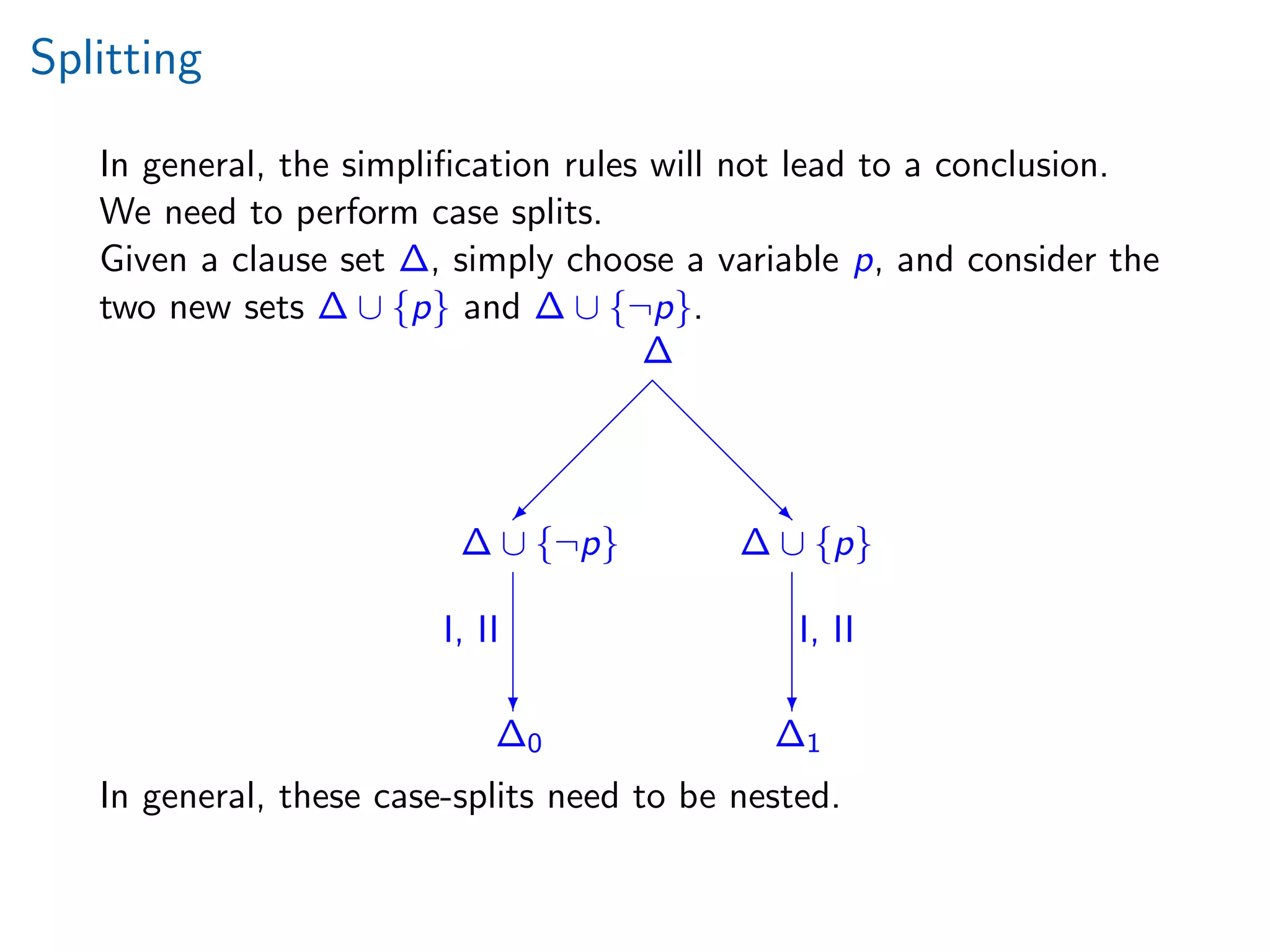 Splitting
In general, the simpliﬁcation rules will not lead to a conclusion.
We need to perform case splits.
Given a clause set ∆, simply choose a variable p, and consider the
two new sets ∆ ∪ {p} and ∆ ∪ {¬p}.
d
d
d
d‚
 
 
 
 ©
c c
∆
∆ ∪ {¬p} ∆ ∪ {p}
∆0 ∆1
I, II I, II
In general, these case-splits need to be nested.
 