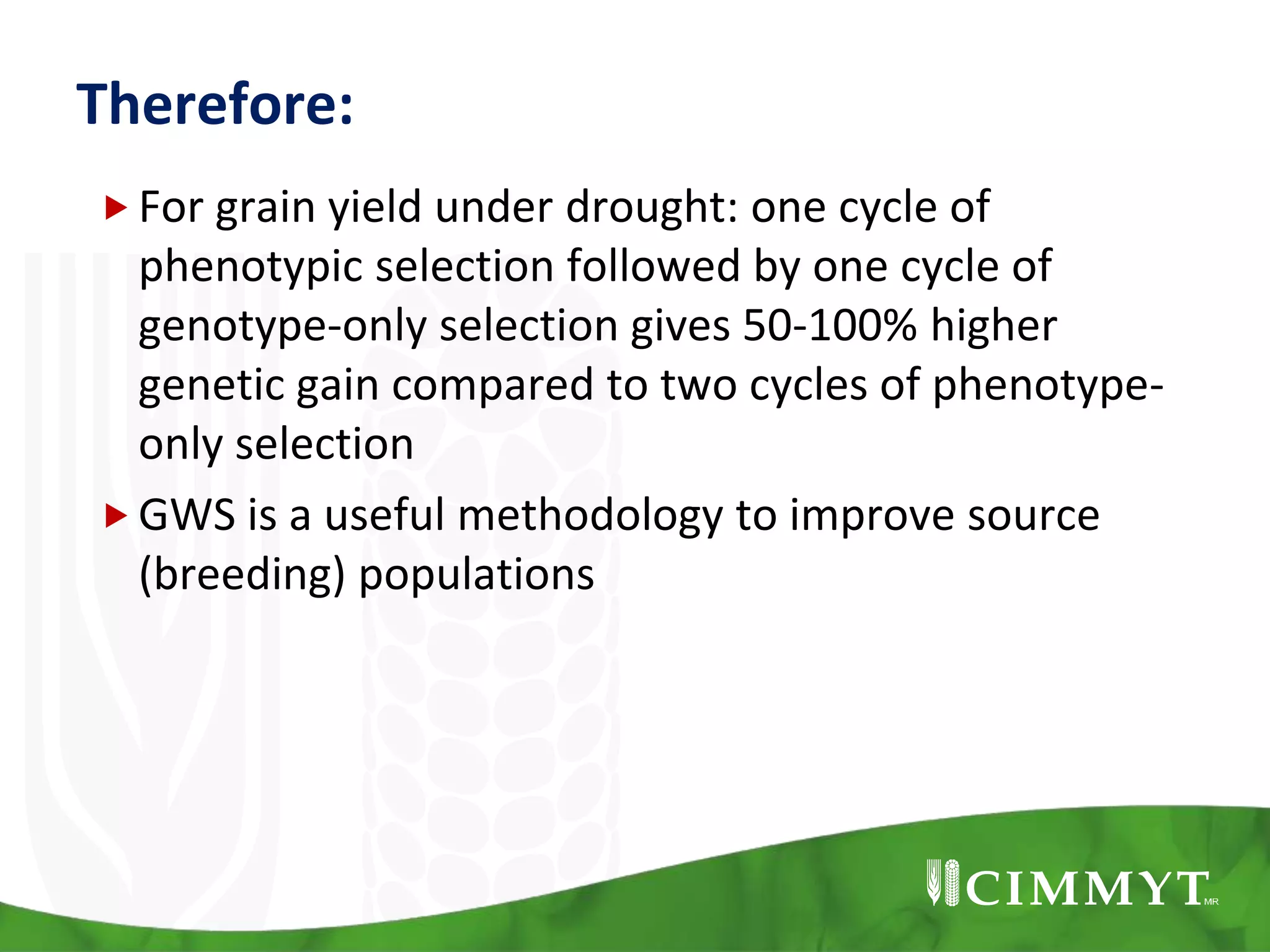 Therefore:
For grain yield under drought: one cycle of
phenotypic selection followed by one cycle of
genotype-only selection gives 50-100% higher
genetic gain compared to two cycles of phenotype-
only selection
GWS is a useful methodology to improve source
(breeding) populations
 
