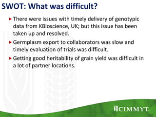 SWOT: What was difficult?
There were issues with timely delivery of genotypic
data from KBioscience, UK; but this issue has been
taken up and resolved.
Germplasm export to collaborators was slow and
timely evaluation of trials was difficult.
Getting good heritability of grain yield was difficult in
a lot of partner locations.
 
