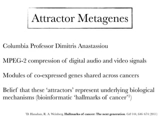 Attractor Metagenes
Columbia Professor Dimitris Anastassiou
MPEG-2 compression of digital audio and video signals
Modules ...