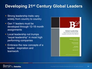 Developing 21st Century Global Leaders
 Strong leadership traits vary
widely from country to country
 Gen Y leaders must...
