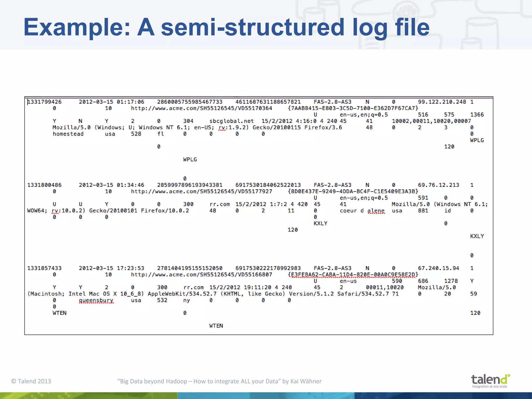 © Talend 2013 “Big Data beyond Hadoop – How to integrate ALL your Data” by Kai Wähner Example: A semi-structured log file 