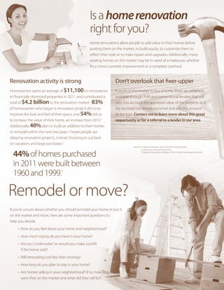 Remodel or move?
If you’re unsure about whether you should remodel your home or put it
on the market and move, here are some important questions to
help you decide.
• How do you feel about your home and neighborhood?
• How much equity do you have in your home?
• Are you“underwater”or would you make a profit
if the home sold?
• Will renovating cost less than moving?
• How long do you plan to stay in your home?
• Are homes selling in your neighborhood? If so, how long
were they on the market and what did they sell for?
Home renovations allow people to add value to their homes before
putting them on the market, to build equity, to customize them to
reflect their style or to make repairs and upgrades. Additionally, many
existing homes on the market may be in need of a makeover, whether
it’s a minor cosmetic improvement or a complete overhaul.
Isahomerenovation
rightforyou?
Renovation activity is strong
Homeowners spent an average of $11,100on renovations
to financially distressed properties in 2011, and contributed a
total of $4.2 billionto the renovation market.1
83%
of homeowners who began a renovation project did so to
improve the look and feel of their space, and 54%did so
to increase the value of their home, an increase from 2012.2
Additionally, 40%plan to build an addition to their homes
or remodel within the next two years.2
Fewer people are
delaying renovation projects, instead choosing to cut back
on vacations and large purchases.2
Don’t overlook that fixer-upper
If you’re in the market to buy a home, there are programs
available through FHA and conventional lenders that will
take into account the appraised value of the property as if
the remodel has already occurred and add this amount
to the loan. Contact me to learn more about this great
opportunity or for a referral to a lender in our area.
44%ofhomespurchased
in2011werebuiltbetween
1960and1999.3
Sources: 1. Harvard University, Joint Center for Housing Studies
2. Houzz.com, Houzz  Home Survey
3. National Association of Realtors® 2012 Profile of Home Buyers and Sellers
 