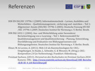 Referenzen
DIN EN ISO/IEC 19796-1 (2009). Informationstechnik – Lernen, Ausbilden und
Weiterbilden – Qualitätsmanagement, -sicherung und -metriken – Teil 1:
Allgemeiner Ansatz (ISO/IEC 19796-1:2005); Deutsche Fassung EN ISO
/IEC 19796-1:2009. Deutsches Institut für Normung e. V. Berlin: Beuth.
DIN PAS 1032-1 (2004). Aus- und Weiterbildung unter besonderer
Berücksichtigung von e-Learning – Teil 1: Referenzmodell für
Qualitätsmanagement und Qualitätssicherung – Planung, Entwicklung,
Durchführung und Evaluation von Bildungsprozessen und
Bildungsangeboten. Deutsches Institut für Normung e. V. Berlin: Beuth.
Ebner, M. & Lorenz, A. (2011). Web 2.0 als Basistechnologien für CSCL-
Umgebungen. In Haake, J., Schwabe, G. & Wessner, M. (Hrsg.): CSCL-
Kompendium 2.0 (in Vorbereitung). Frankfurt: Oldenbourg.
Freistaat Sachsen. (2011). Personal an den Hochschulen im Freistaat Sachsen 2010.
Kamenz. URL: http://www.statistik.sachsen.de/download/100_Berichte
-B/B_III_4_j10-Korrektur.pdf
05.09.2013 19 | 18Anja Lorenz – (Wissens-)Kooperation und Social Media in Forschung und Lehre
 