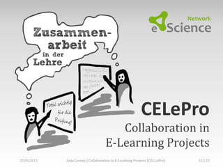 CELePro
Collaboration in
E-Learning Projects
25.09.2013 Anja Lorenz | Collaboration in E-Learning Projects (CELLePro) 11 | 23
 