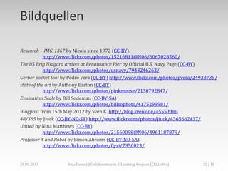 Bildquellen
Research – IMG_1367 by Nicola since 1972 (CC-BY).
http://www.flickr.com/photos/15216811@N06/6067028560/
The US Brig Niagara arrives at Renaissance Pier by Official U.S. Navy Page (CC-BY)
http://www.flickr.com/photos/usnavy/7943246262/
Gerber pocket tool by Pedro Vera (CC-BY) http://www.flickr.com/photos/pvera/24938735/
state of the art by Anthony Easton (CC-BY)
http://www.flickr.com/photos/pinkmoose/2130792847/
Evaluation Scale by Bill Sodeman (CC-BY-SA)
http://www.flickr.com/photos/billsophoto/4175299981/
Blogpost from 15th May 2012 by Sven K. http://blog.svenk.de/4555.html
48/365 by Jiuck (CC-BY-NC-SA) http://www.flickr.com/photos/jiuck/4365662437/
United by Nina Matthews (CC-BY)
http://www.flickr.com/photos/21560098@N06/4961187879/
Professor X and Robot by Simon Abrams (CC-BY-ND-SA).
http://www.flickr.com/photos/flysi/7350023/
25 | 18Anja Lorenz | Collaboration in E-Learning Projects (CELLePro)25.09.2013
 
