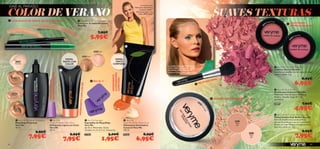 20531
Matte
light
Matte
latte
2053
1
M
attelight
20388
Sand
20389
Cocoa
20387
Ivory
Dark
20529 Light2052920529 Light
Dark
20529
2053120531
Matte
light
Matte
latte
24
351 Sweet Coral
24
350 Pretty Pink
20386
Porcelain








21278 Perfect Light
21279 Dark Secret

4948
 Very Me Sponges
Esponjillas de Maquilllaje
Very Me
Set de 2. Materiales: Goma.
Tamaño: 4 x 4 x 0.5 cm. Accesorio
23265 3,00€
1,95€
 Very Me Smoothie Foundation
Maquillaje Vitaminas
Very Me
30 ml.
9,95€
7,95€
 Very Me
Peach Me Perfect Skin Glow
Hidratante Ligera con Color
Very Me
30 ml.
9,95€
7,95€
 Very Me Cover Up Concealer
Corrector de Imperfecciones
Very Me
1 g.
7,95€
5,95€
 Very Me
Peach Me Perfect Body Glow
Hidratante Iluminadora
Corporal Very Me
150 ml.
24267 8,95€
6,95€
HIDRATANTE
ILUMINADORA
CORPORAL
HIDRATANTECONCOLOR
Set de 2
CONEXTRACTO
NUTRITIVODEYOGUR
 Very Me No Time for Shine powder
Polvos Sueltos Anti-Brillos Very Me
Fórmula matiﬁcante que absorbe el
exceso de grasa para que tu rostro luzca
fresco, sin imperfecciones y con un tono
natural y uniforme. 9 g.
9,95€
7,95€
 Very Me Cherry My Cheeks
Colorete Cherry Very Me
Acentúa tus mejillas con un toque de color
suave y rosado. 2 g.
8,95€
6,95€
 Very Me Blush Brush
Brocha para Colorete Very Me
Materiales: Pelo de Cabra, Aluminio,
Madera. Tamaño: largo 10.7 cm.
Accesorio.
24897 7,95€
4,95€
POLVOS MATIFICANTES
ILUMINADORA
HIDRA-
TANTE
CORPORAL

HIDRA-
TANTE CON
COLOR
VIAJE AL PARAÍSO
DOSTONOS
IMPRESCINDIBLES
PELO NATURAL
CONACEITE DE ÁRBOL DETÉ SUAVIZANTE
La modelo lleva:
Hidratante Iluminadora
Corporal 24267 /
Hidratante Ligera con
Color 20530 Dark.
La modelo lleva:Lápiz Perﬁlador de
Labios 24605 Coral / Polvos Sueltos
Anti-Brillos 20532 Matte latte /
Colorete Cherry 24351 Sweet Coral.
COLOR DE VERANO SUAVES TEXTURAS
 