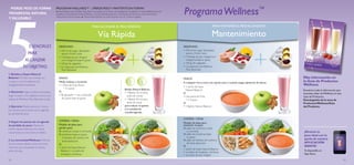 12 13
5
PROGRAMAWELLNESS™ – ¡PIERDE PESOY MANTÉNTE EN FORMA!
● Desarrollado por el Profesor Stig Steen y su equipo en el Centro de Investigación de Igelösa en Suecia. ● Basado en los
beneﬁcios de los Batidos Natural Balance y las recomendaciones de la Universidad de Harvard y otras reconocidas
instituciones internacionales. ● Clínicamente testado con éxito durante más de 3 años en Igelösa.
ProgramaWellness™
PARA ALCANZAR EL PESO DESEADO
Vía Rápida
PARA MANTENER EL PESO ALCANZADO
Mantenimiento
• 150 ml de yogur desnatado,
avena y frutos rojos
• 1Tostada de pan integral con
margarina baja en grasa
• 150 gr de vegetales
• Un sobrecito deWellness
Pack Bienestar
• 150 ml de yogur desnatado,
avena y frutos rojos
• 1Tostada de pan integral
con margarina baja en grasa
• 150 gr de vegetales
• Un sobrecito de Wellness
Pack Bienestar
SNACK: SNACK:
Media mañana y merienda
• 1 Pieza de fruta fresca
+ 5 nueces
O
• ½ aguacate + una cucharada
de queso bajo en grasa.
Batido Natural Balance:
• 1 Batido 30 minutos
antes de comer
• 1 Batido 30 minutos
antes de cenar
para reducir el apetito
y la cantidad de
comida ingerida.
COMIDA / CENA:
Modelo de plato para
perder peso:
¾ verduras crudas o cocinadas
¼ proteínas bajas en grasa
e hidratos de carbono de
lenta absorción
O
1 ración de Sopa Natural
Balance + un plato de
ensalada y verduras.
A cualquier hora, como una opción sana o cuando tengas apetencia de dulces
Modelo de plato para
mantener tu peso:
½ plato de verduras crudas
o cocinadas
¼ plato de proteínas bajas
en grasa
¼ plato de hidratos de carbono
de lenta absorción
O
1 ración de Sopa Natural Balance
+ un plato de ensalada y verduras
+ un trozo de pan integral
• 1 ración de Sopa
Natural Balance
O
• Una pieza de fruta
+ 5 nueces
O
• 1 Batido Natural Balance
DESAYUNO:DESAYUNO:
COMIDA / CENA:
PIERDE PESO DE FORMA
PROGRESIVA, NATURAL
Y SALUDABLE
ESENCIALES
PARA
ALCANZAR
TU OBJETIVO:
¡Alcanza tu
peso ideal con la
ayuda de nuestra
APLICACIÓN
GRATIS!
Ya disponible en
App Store.
Más información en
la Guía de Productos
Wellness
Encuentra toda la información que
necesitas saber deWellness en esta
Guía de Productos.
Descárgatela de la zona de
Productos/Wellness/Guía
del Producto.
1. Batidos y Sopas Natural
Balance:Tómalos de acuerdo con
tu peso y con tus objetivos de
adelgazamiento marcados.
2. Nutrición: Sigue la dieta aconsejada
según tu peso y tus objetivos y toma una
bolsita de Wellness Pack Bienestar al día.
3. Ejercicio: Realiza ejercicio 3 veces
por semana de acuerdo con tu agenda
de pérdida de peso.
4. Seguir las pautas de mi agenda
de pérdida de peso: Planea tus
rutinas diarias hasta que las nuevas
costumbres se conviertan en hábito.
5. La comunidadWellness: Disfruta
de tus nuevos hábitos junto con otras
personas que compartan tu mismo
estilo de vida.
 