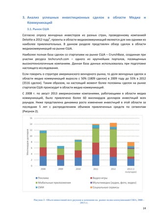 14
3. Анализ успешных инвестиционных сделок в области Медиа и
Коммуникаций
3.1. Рынок США
Согласно опросу венчурных инвесторов из разных стран, проведенному компанией
Deloitte в 2012 году5
, проекты в области медиакоммуникаций являются для них одними из
наиболее привлекательных. В данном разделе представлен обзор сделок в области
медиакоммуникаций на рынке США.
Наиболее полная база сделок со стартапами на рынке США – CrunchBase, созданная при
участии ресурса techcrunch.com – одного из крупнейших порталов, посвященных
высокотехнологичным компаниям. Данная база данных использовалась при подготовке
настоящего исследования.
Если говорить о структуре американского венчурного рынка, то доля венчурных сделок в
области медиа коммуникаций выросла с 50% (1809 сделок) в 2009 году до 55% в 2012
(3516 сделок). Таким образом, на настоящий момент более половины сделок на рынке
стартапов США происходит в области медиа коммуникаций.
C 2008 г. по август 2013 американскими компаниями, работающими в области медиа
коммуникаций, было привлечено более 60 миллиардов долларов инвестиций всех
раундов. Ниже представлена динамика роста изменения инвестиций в этой области за
последние 5 лет с распределением объемов привлеченных средств по сегментам
(Рисунок 2).
Рисунок 2– Объем инвестиций всех раундов в компании на рынке медиа коммуникаций США, 2008 -
2013 гг.
0
2
4
6
8
10
12
14
16
2008 2009 2010 2011 2012 2013 (1
полугодие)
Миллиардовдолларов
Реклама Видео-игры
Мобильные прилоожения Мультимедиа (аудио, фото, видео)
СМИ Социальные сервисы
 