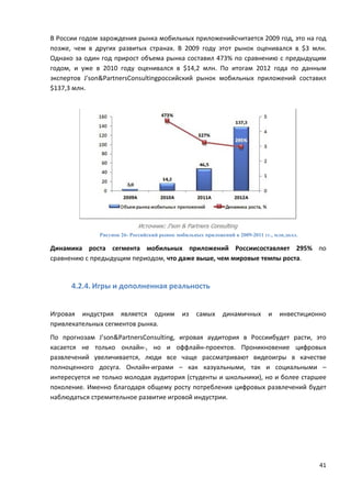 41
В России годом зарождения рынка мобильных приложенийсчитается 2009 год, это на год
позже, чем в других развитых странах. В 2009 году этот рынок оценивался в $3 млн.
Однако за один год прирост объема рынка составил 473% по сравнению с предыдущим
годом, и уже в 2010 году оценивался в $14,2 млн. По итогам 2012 года по данным
экспертов J'son&PartnersConsultingроссийский рынок мобильных приложений составил
$137,3 млн.
Рисунок 26- Российский рынок мобильных приложений в 2009-2011 гг., млн.долл.
Динамика роста сегмента мобильных приложений Россиисоставляет 295% по
сравнению с предыдущим периодом, что даже выше, чем мировые темпы роста.
4.2.4. Игры и дополненная реальность
Игровая индустрия является одним из самых динамичных и инвестиционно
привлекательных сегментов рынка.
По прогнозам J’son&PartnersConsulting, игровая аудитория в Россиибудет расти, это
касается не только онлайн-, но и оффлайн-проектов. Проникновение цифровых
развлечений увеличивается, люди все чаще рассматривают видеоигры в качестве
полноценного досуга. Онлайн-играми – как казуальными, так и социальными –
интересуется не только молодая аудитория (студенты и школьники), но и более старшее
поколение. Именно благодаря общему росту потребления цифровых развлечений будет
наблюдаться стремительное развитие игровой индустрии.
 