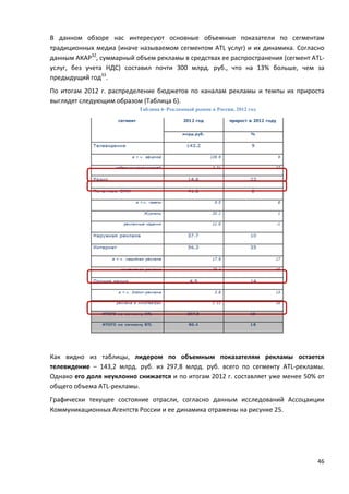 46
В данном обзоре нас интересуют основные объемные показатели по сегментам
традиционных медиа (иначе называемом сегментом ATL услуг) и их динамика. Согласно
данным АКАР32
, суммарный объем рекламы в средствах ее распространения (сегмент ATL-
услуг, без учета НДС) составил почти 300 млрд. руб., что на 13% больше, чем за
предыдущий год33
.
По итогам 2012 г. распределение бюджетов по каналам рекламы и темпы их прироста
выглядят следующим образом (Таблица 6).
Таблица 6–Рекламный рынок в России, 2012 год
Как видно из таблицы, лидером по объемным показателям рекламы остается
телевидение – 143,2 млрд. руб. из 297,8 млрд. руб. всего по сегменту ATL-рекламы.
Однако его доля неуклонно снижается и по итогам 2012 г. составляет уже менее 50% от
общего объема ATL-рекламы.
Графически текущее состояние отрасли, согласно данным исследований Ассоцаиции
Коммуникационных Агентств России и ее динамика отражены на рисунке 25.
 