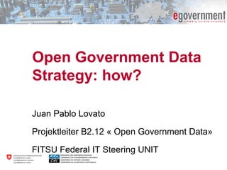 Open Government Data
Strategy: how?
Juan Pablo Lovato
Projektleiter B2.12 « Open Government Data»
FITSU Federal IT Steering UNIT
 