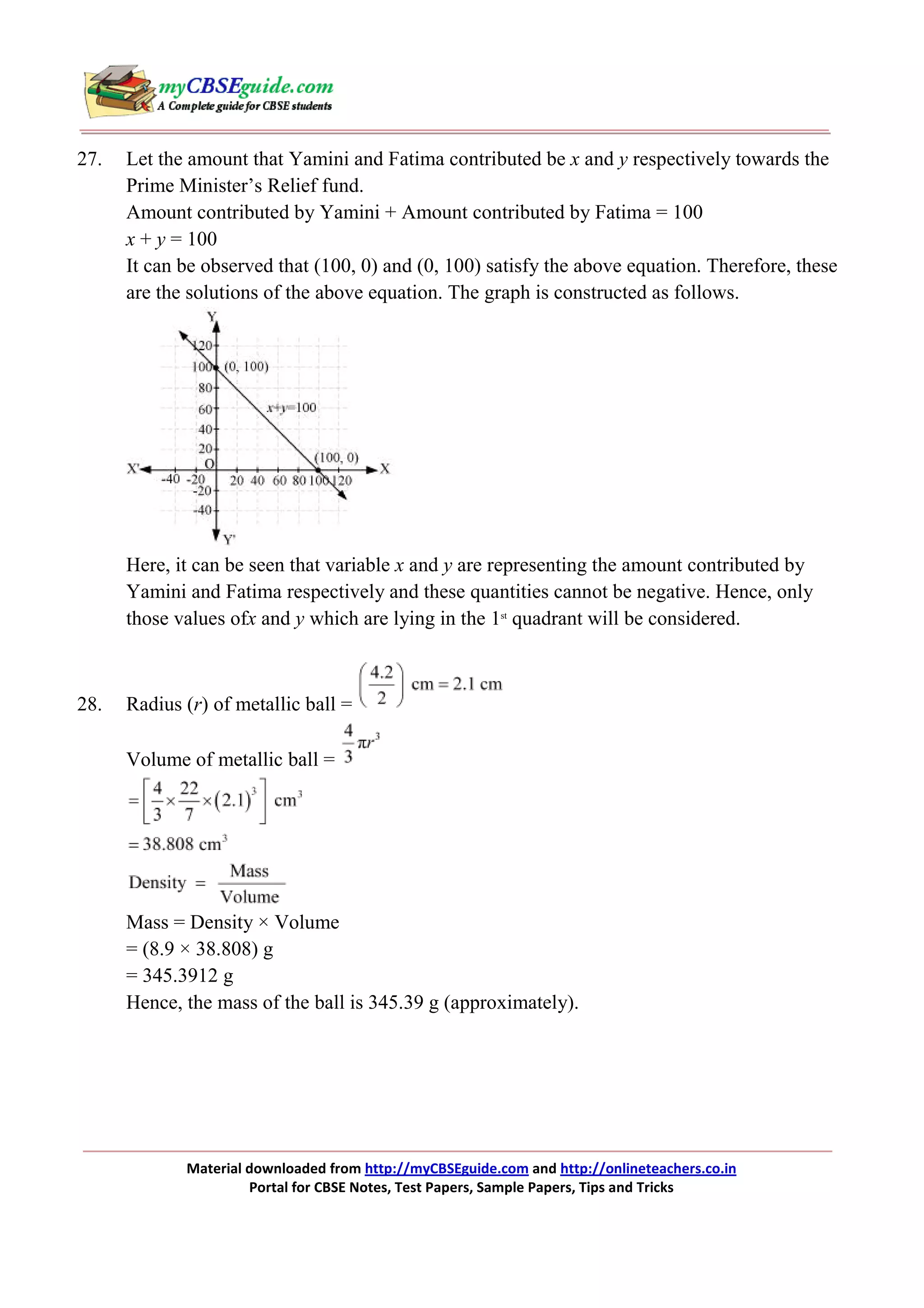 27.

Let the amount that Yamini and Fatima contributed be x and y respectively towards the
Prime Minister’s Relief fund.
Amount contributed by Yamini + Amount contributed by Fatima = 100
x + y = 100
It can be observed that (100, 0) and (0, 100) satisfy the above equation. Therefore, these
are the solutions of the above equation. The graph is constructed as follows.

Here, it can be seen that variable x and y are representing the amount contributed by
Yamini and Fatima respectively and these quantities cannot be negative. Hence, only
those values ofx and y which are lying in the 1st quadrant will be considered.

28.

Radius (r) of metallic ball =
Volume of metallic ball =

Mass = Density × Volume
= (8.9 × 38.808) g
= 345.3912 g
Hence, the mass of the ball is 345.39 g (approximately).

Material downloaded from http://myCBSEguide.com and http://onlineteachers.co.in
Portal for CBSE Notes, Test Papers, Sample Papers, Tips and Tricks

 