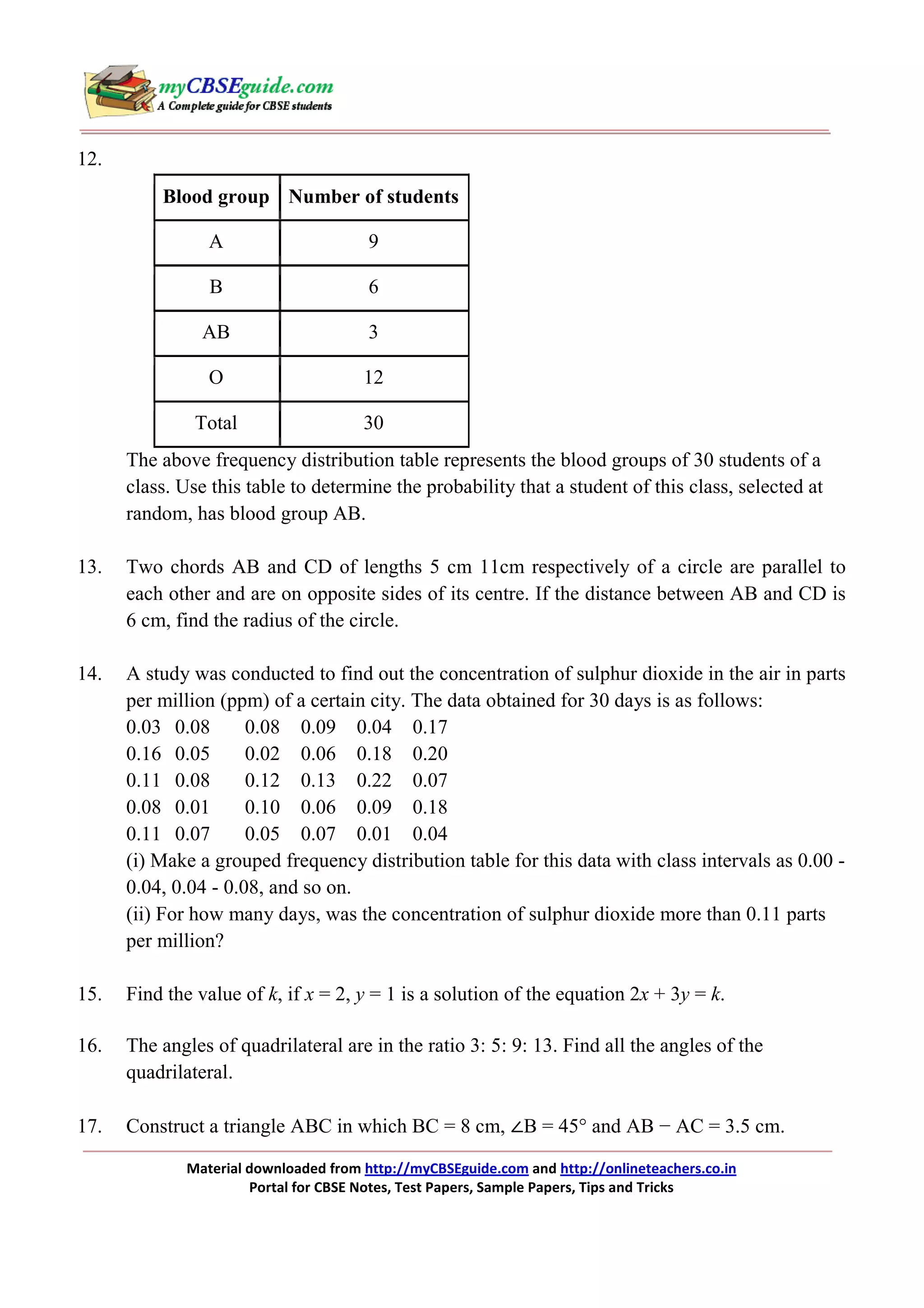 12.
Blood group Number of students
A

9

B

6

AB

3

O

12

Total

30

The above frequency distribution table represents the blood groups of 30 students of a
class. Use this table to determine the probability that a student of this class, selected at
random, has blood group AB.
13.

Two chords AB and CD of lengths 5 cm 11cm respectively of a circle are parallel to
each other and are on opposite sides of its centre. If the distance between AB and CD is
6 cm, find the radius of the circle.

14.

A study was conducted to find out the concentration of sulphur dioxide in the air in parts
per million (ppm) of a certain city. The data obtained for 30 days is as follows:
0.03 0.08
0.08 0.09 0.04 0.17
0.16 0.05
0.02 0.06 0.18 0.20
0.11 0.08
0.12 0.13 0.22 0.07
0.08 0.01
0.10 0.06 0.09 0.18
0.11 0.07
0.05 0.07 0.01 0.04
(i) Make a grouped frequency distribution table for this data with class intervals as 0.00 0.04, 0.04 - 0.08, and so on.
(ii) For how many days, was the concentration of sulphur dioxide more than 0.11 parts
per million?

15.

Find the value of k, if x = 2, y = 1 is a solution of the equation 2x + 3y = k.

16.

The angles of quadrilateral are in the ratio 3: 5: 9: 13. Find all the angles of the
quadrilateral.

17.

Construct a triangle ABC in which BC = 8 cm, ∠B = 45° and AB − AC = 3.5 cm.
Material downloaded from http://myCBSEguide.com and http://onlineteachers.co.in
Portal for CBSE Notes, Test Papers, Sample Papers, Tips and Tricks

 