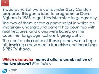 Broderbund Software co-founder Gary Carlston
proposed this game idea to programmer Dane
Bigham in 1983 to get kids interested in geography.
The two of them chose a game script in which an
imaginary underground cavern has countries with
real treasures, and clues were based on the
countries’ language, culture & geography.
The central character of these games was a huge
hit, inspiring a new media franchise and launching
3 PBS TV shows.
Which character, named after a combination of
the two shown? Pics follow
7
 